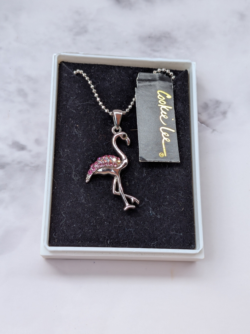 Cookie Lee NWT Pink Crystal Flamingo Pendant Necklace Silver Tone Tropical